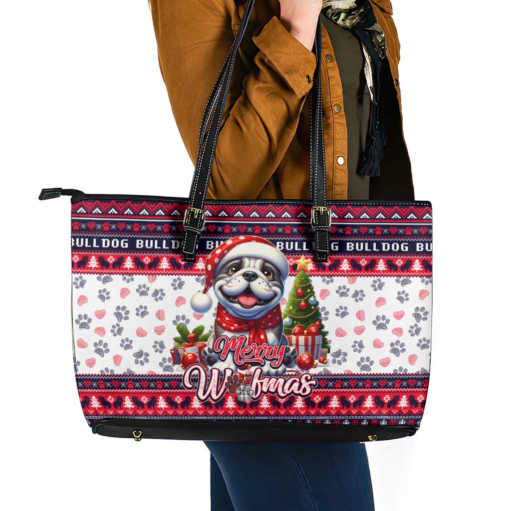 Bulldog Merry Woofmas Leather Tote Bag Christmas Dog Art Style - Wonder Print Shop