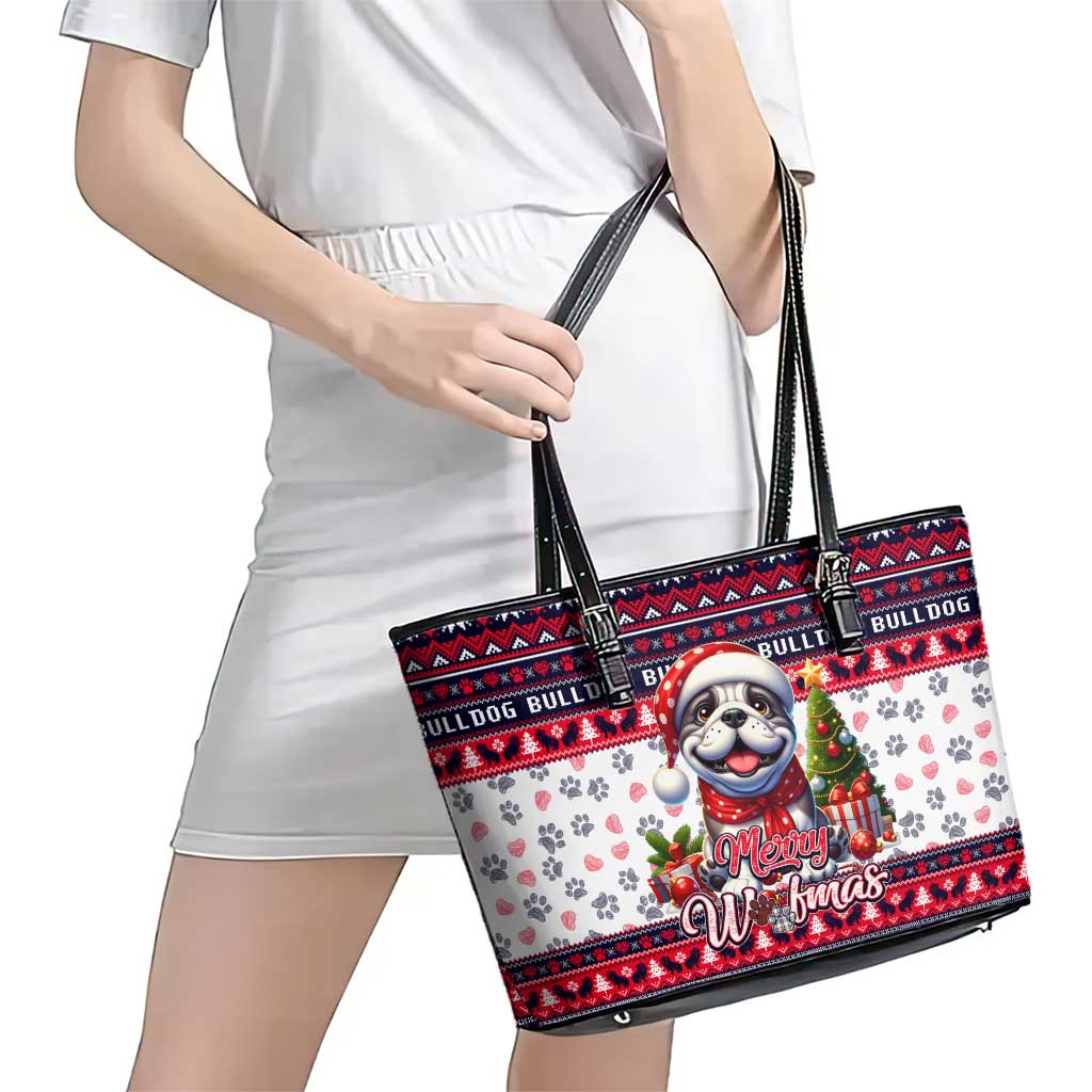 Bulldog Merry Woofmas Leather Tote Bag Christmas Dog Art Style - Wonder Print Shop