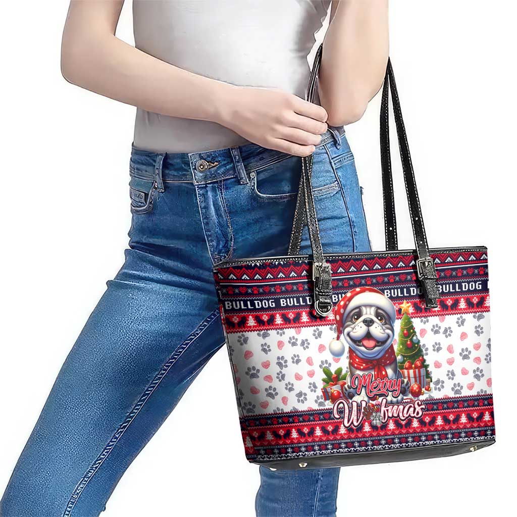 Bulldog Merry Woofmas Leather Tote Bag Christmas Dog Art Style - Wonder Print Shop