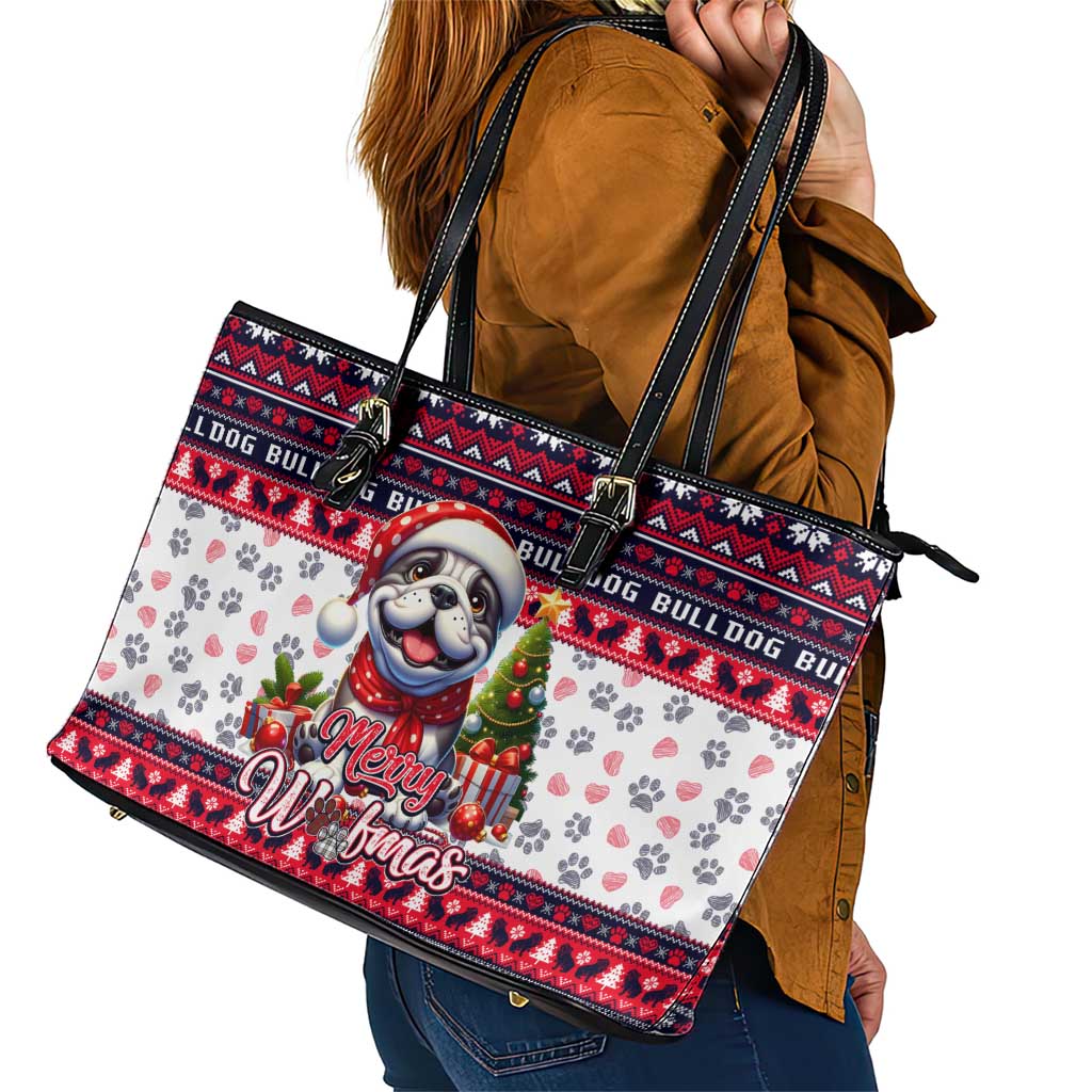 Bulldog Merry Woofmas Leather Tote Bag Christmas Dog Art Style - Wonder Print Shop