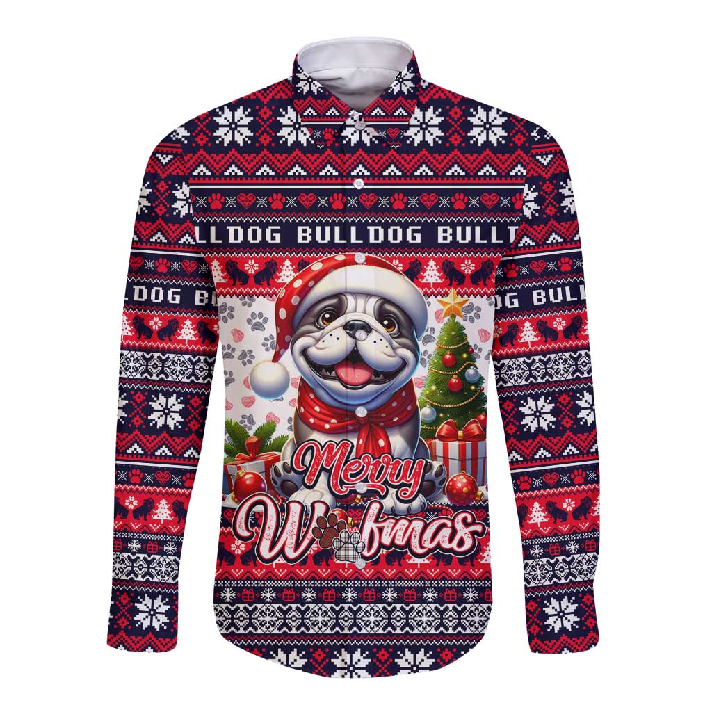 Bulldog Merry Woofmas Long Sleeve Button Shirt Christmas Dog Art Style - Wonder Print Shop
