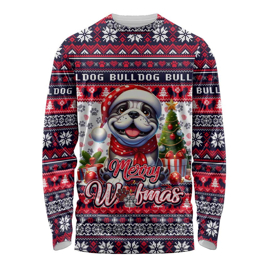 Bulldog Merry Woofmas Long Sleeve Shirt Christmas Dog Art Style - Wonder Print Shop