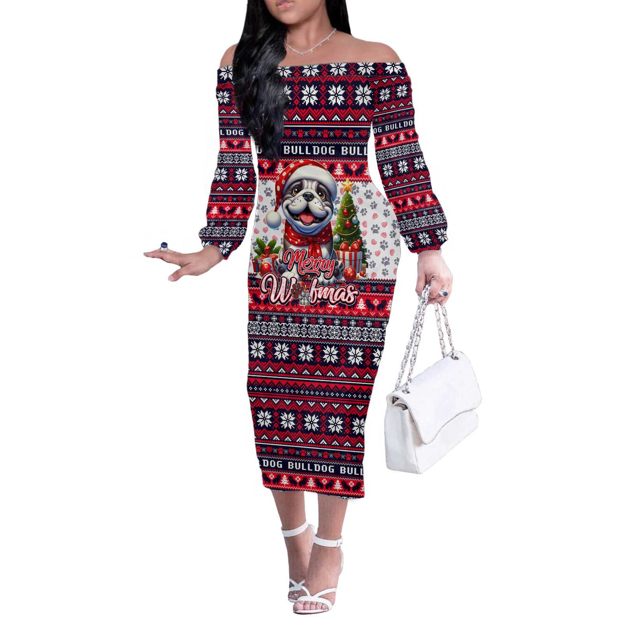 Bulldog Merry Woofmas Off The Shoulder Long Sleeve Dress Christmas Dog Art Style - Wonder Print Shop