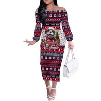 Bulldog Merry Woofmas Off The Shoulder Long Sleeve Dress Christmas Dog Art Style - Wonder Print Shop