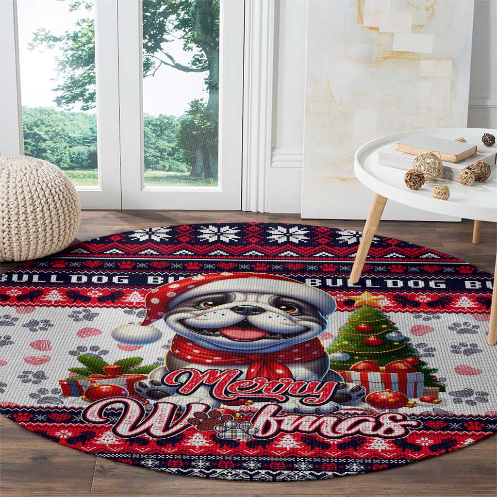 Bulldog Merry Woofmas Round Carpet Christmas Dog Art Style