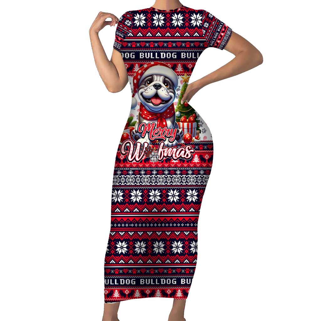 Bulldog Merry Woofmas Short Sleeve Bodycon Dress Christmas Dog Art Style - Wonder Print Shop