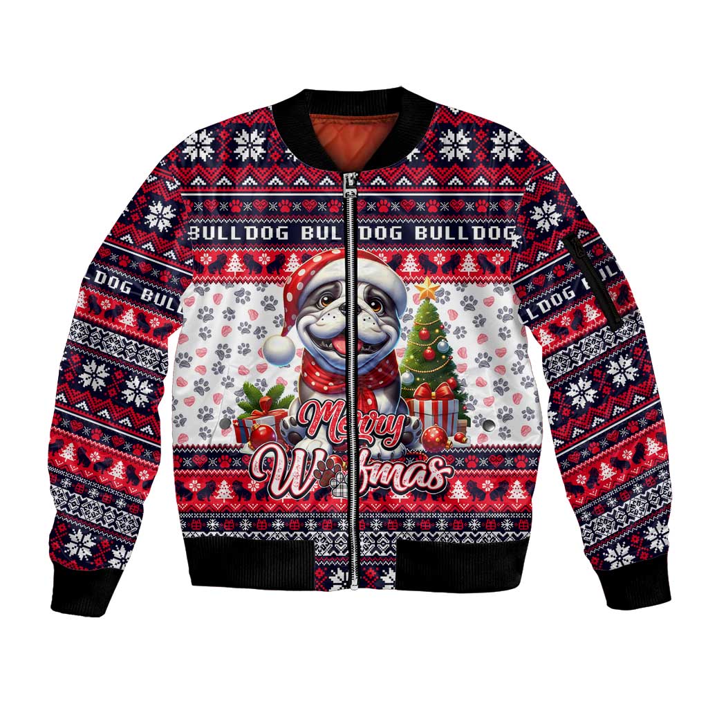 Bulldog Merry Woofmas Sleeve Zip Bomber Jacket Christmas Dog Art Style - Wonder Print Shop
