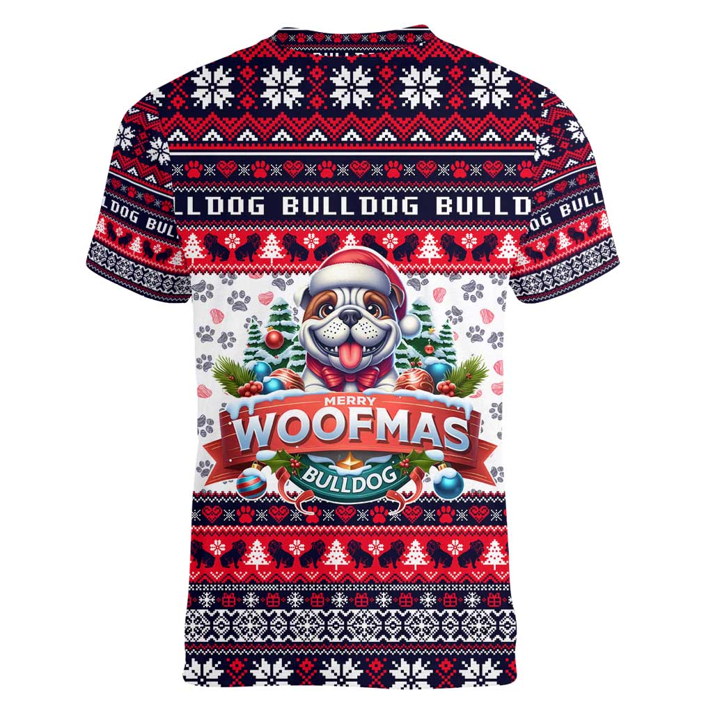 Bulldog Merry Woofmas Women V-Neck T-Shirt Christmas Dog Art Style - Wonder Print Shop