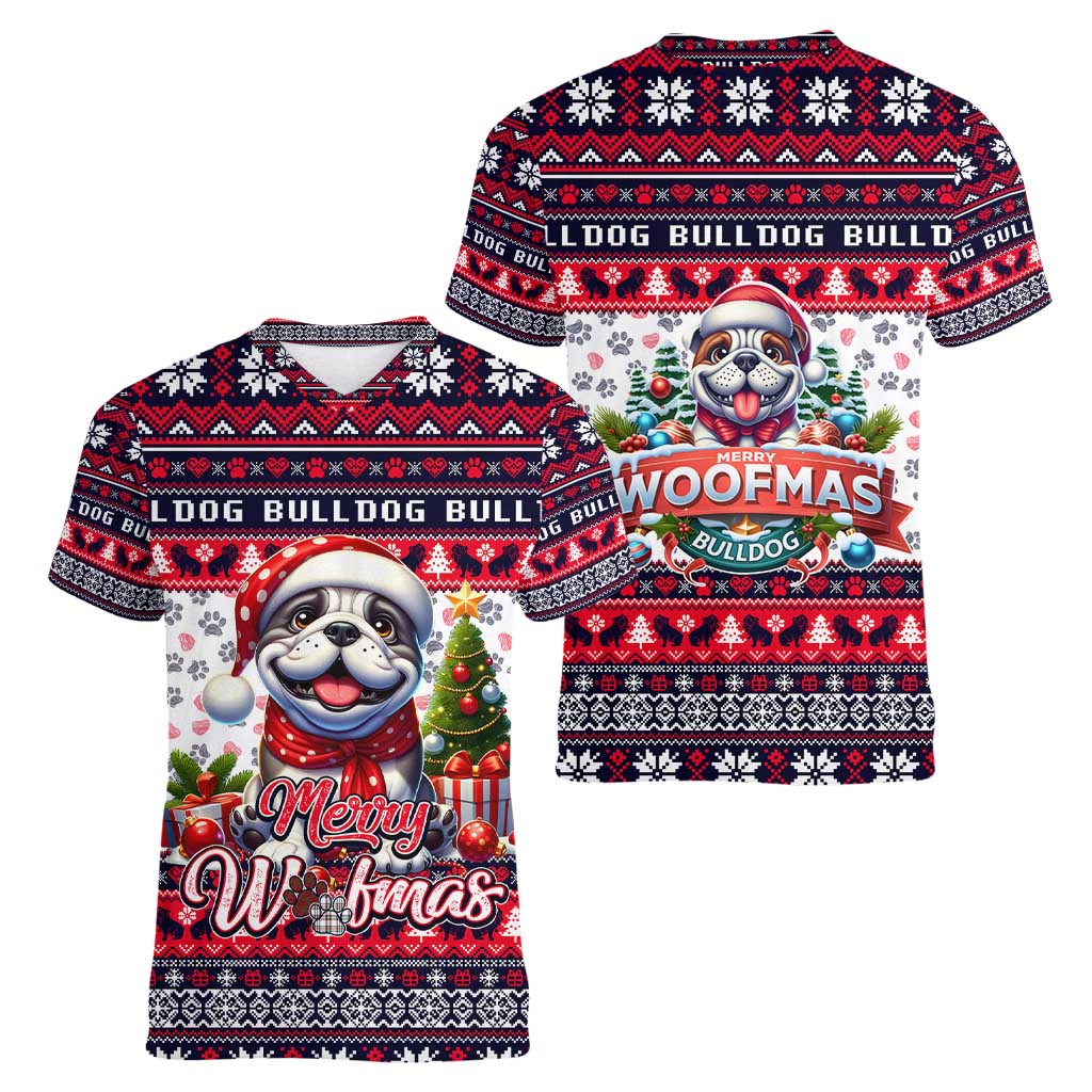 Bulldog Merry Woofmas Women V-Neck T-Shirt Christmas Dog Art Style - Wonder Print Shop