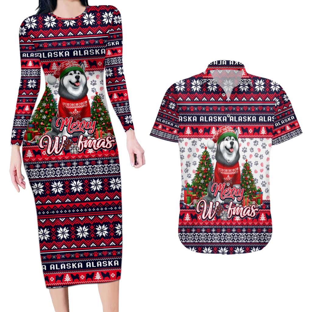 Alaska Merry Woofmas Couples Matching Long Sleeve Bodycon Dress and Hawaiian Shirt Christmas Dog Art Style - Wonder Print Shop
