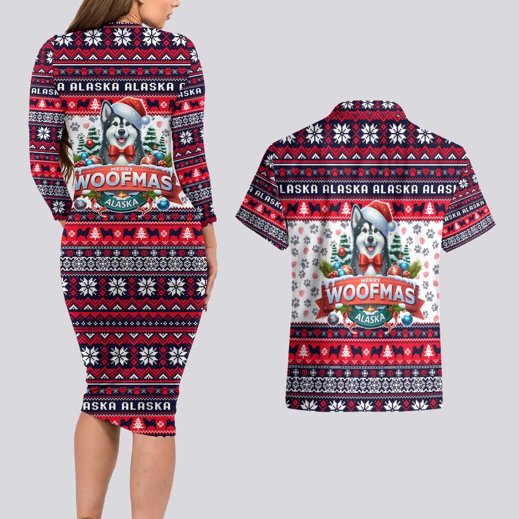 Alaska Merry Woofmas Couples Matching Long Sleeve Bodycon Dress and Hawaiian Shirt Christmas Dog Art Style - Wonder Print Shop