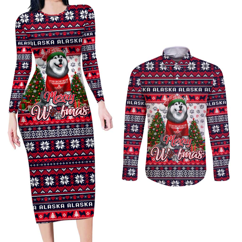 Alaska Merry Woofmas Couples Matching Long Sleeve Bodycon Dress and Long Sleeve Button Shirt Christmas Dog Art Style - Wonder Print Shop