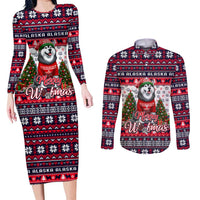 Alaska Merry Woofmas Couples Matching Long Sleeve Bodycon Dress and Long Sleeve Button Shirt Christmas Dog Art Style - Wonder Print Shop