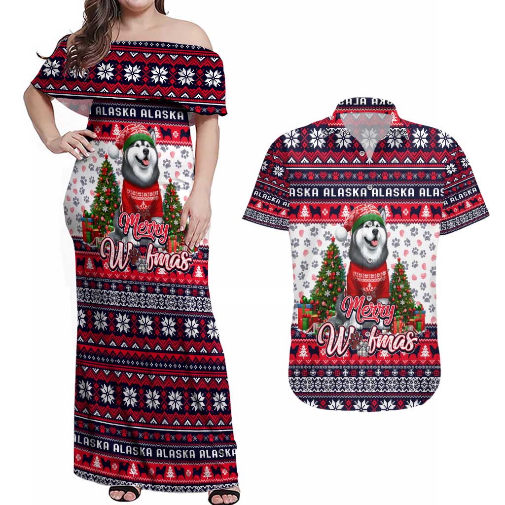 Alaska Merry Woofmas Couples Matching Off Shoulder Maxi Dress and Hawaiian Shirt Christmas Dog Art Style - Wonder Print Shop