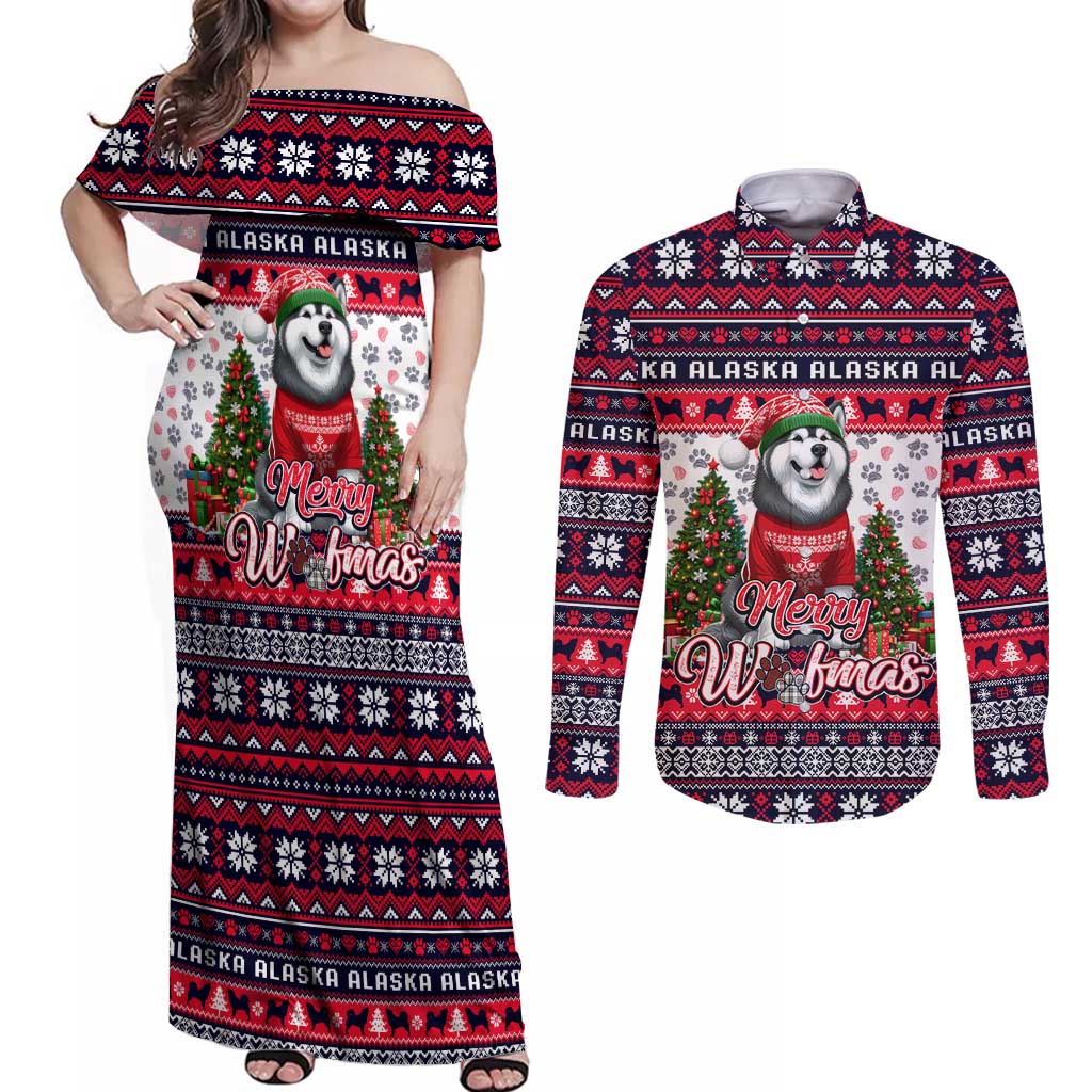 Alaska Merry Woofmas Couples Matching Off Shoulder Maxi Dress and Long Sleeve Button Shirt Christmas Dog Art Style - Wonder Print Shop