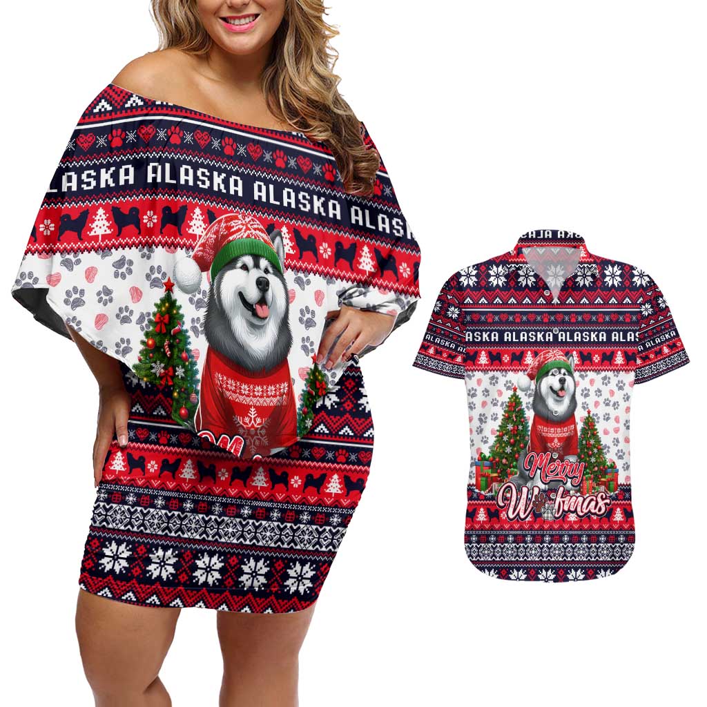 Alaska Merry Woofmas Couples Matching Off Shoulder Short Dress and Hawaiian Shirt Christmas Dog Art Style - Wonder Print Shop