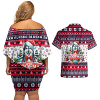 Alaska Merry Woofmas Couples Matching Off Shoulder Short Dress and Hawaiian Shirt Christmas Dog Art Style - Wonder Print Shop