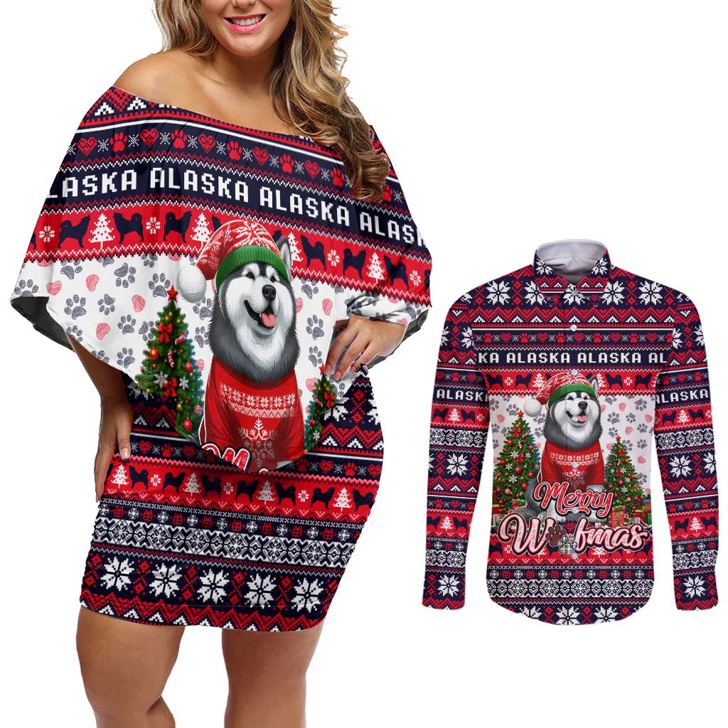 Alaska Merry Woofmas Couples Matching Off Shoulder Short Dress and Long Sleeve Button Shirt Christmas Dog Art Style - Wonder Print Shop