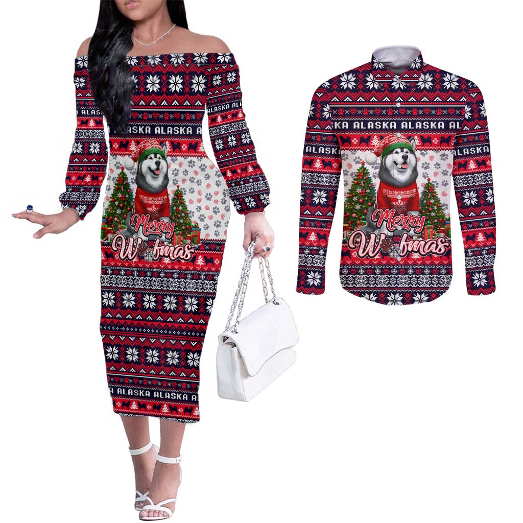 Alaska Merry Woofmas Couples Matching Off The Shoulder Long Sleeve Dress and Long Sleeve Button Shirt Christmas Dog Art Style