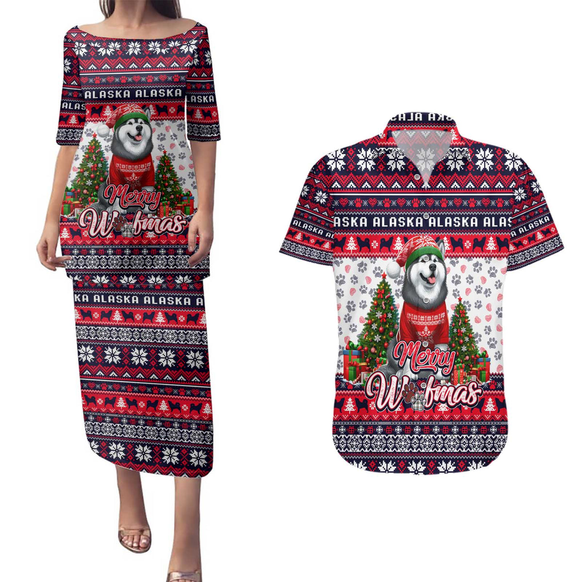 Alaska Merry Woofmas Couples Matching Puletasi and Hawaiian Shirt Christmas Dog Art Style - Wonder Print Shop