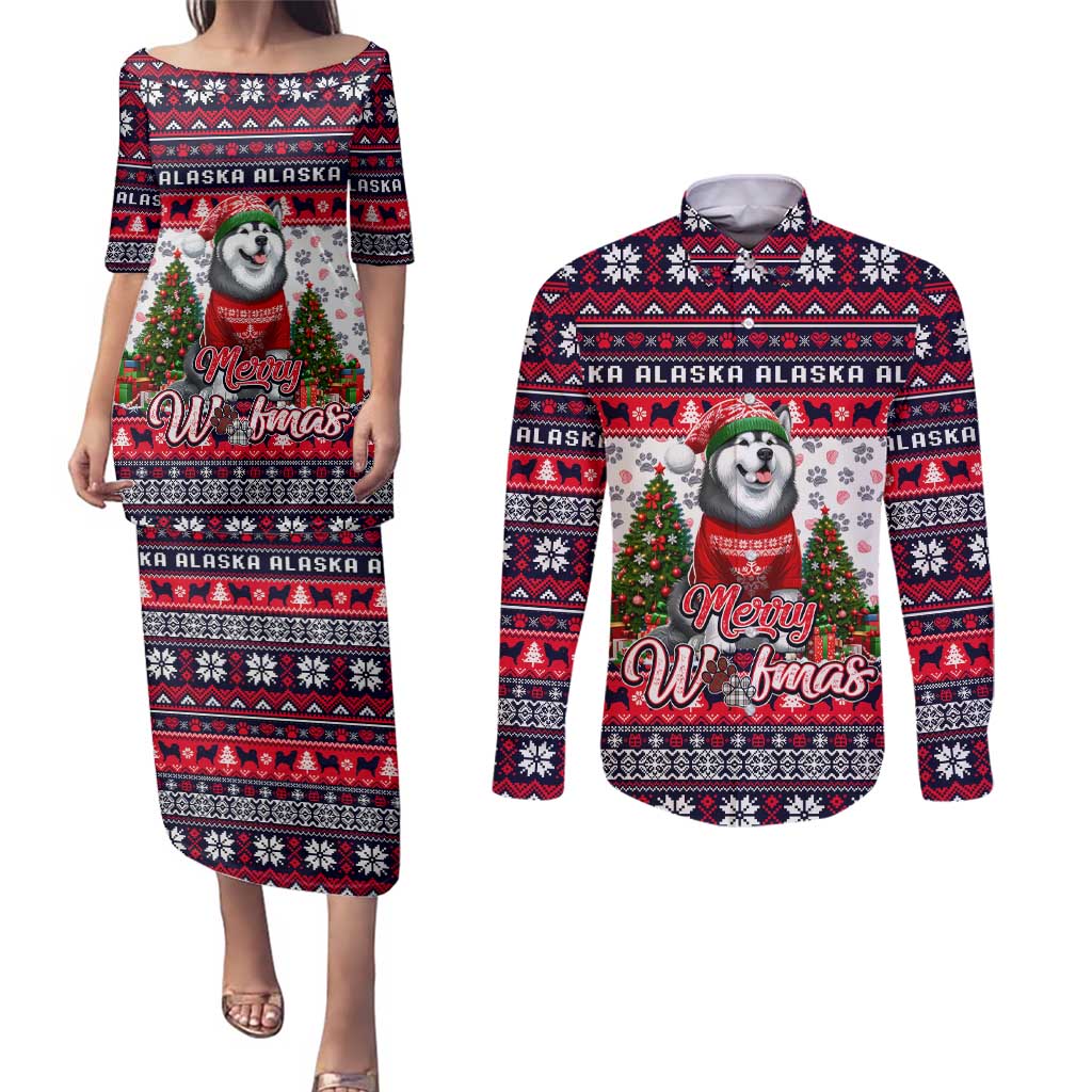 Alaska Merry Woofmas Couples Matching Puletasi and Long Sleeve Button Shirt Christmas Dog Art Style - Wonder Print Shop