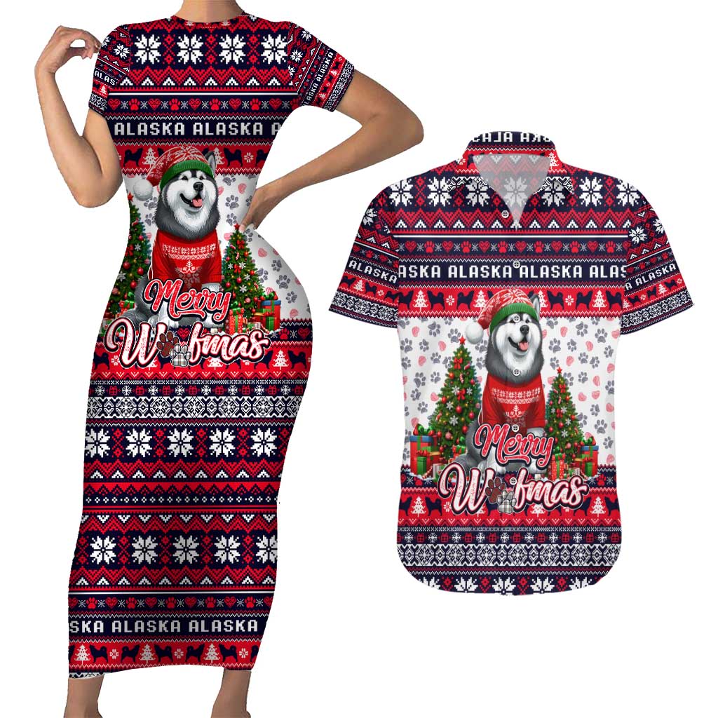 Alaska Merry Woofmas Couples Matching Short Sleeve Bodycon Dress and Hawaiian Shirt Christmas Dog Art Style - Wonder Print Shop