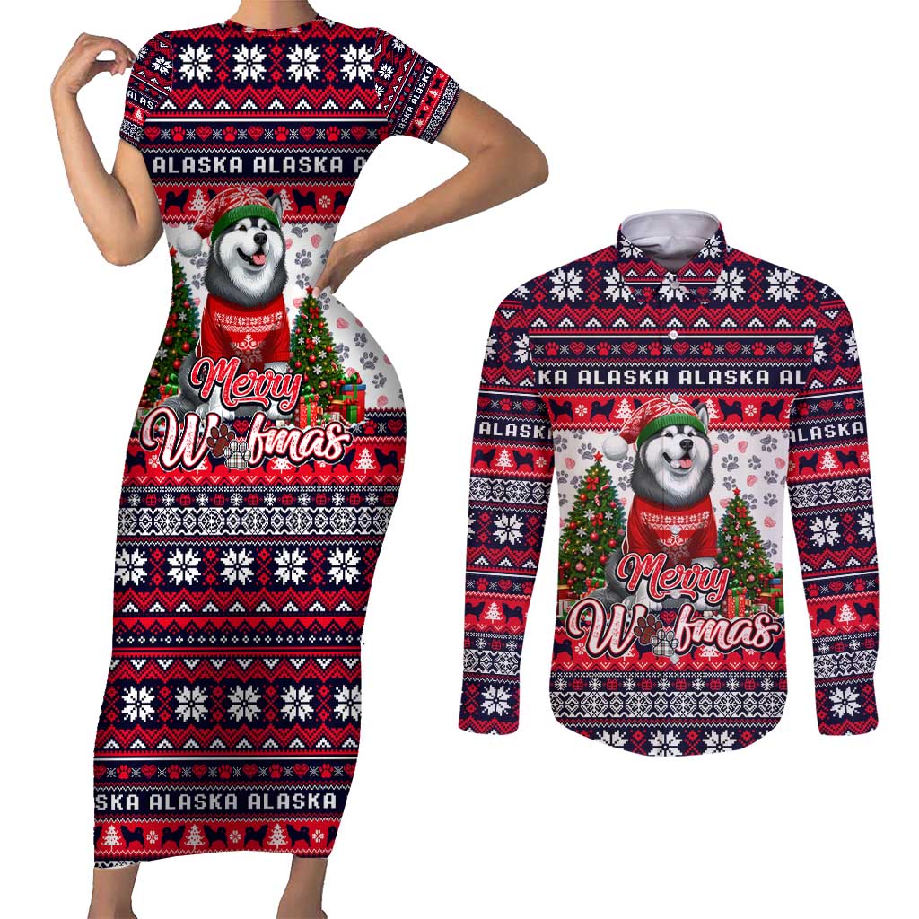 Alaska Merry Woofmas Couples Matching Short Sleeve Bodycon Dress and Long Sleeve Button Shirt Christmas Dog Art Style - Wonder Print Shop