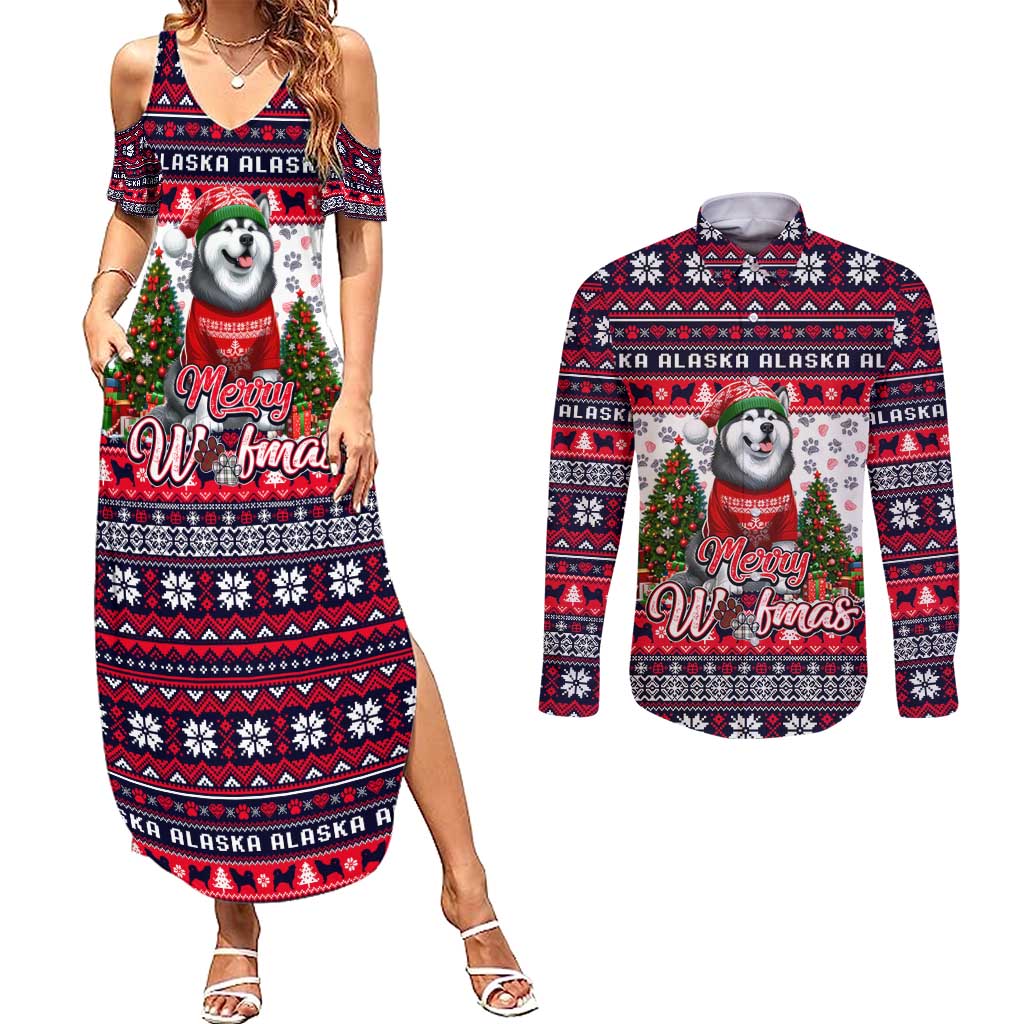 Alaska Merry Woofmas Couples Matching Summer Maxi Dress and Long Sleeve Button Shirt Christmas Dog Art Style - Wonder Print Shop