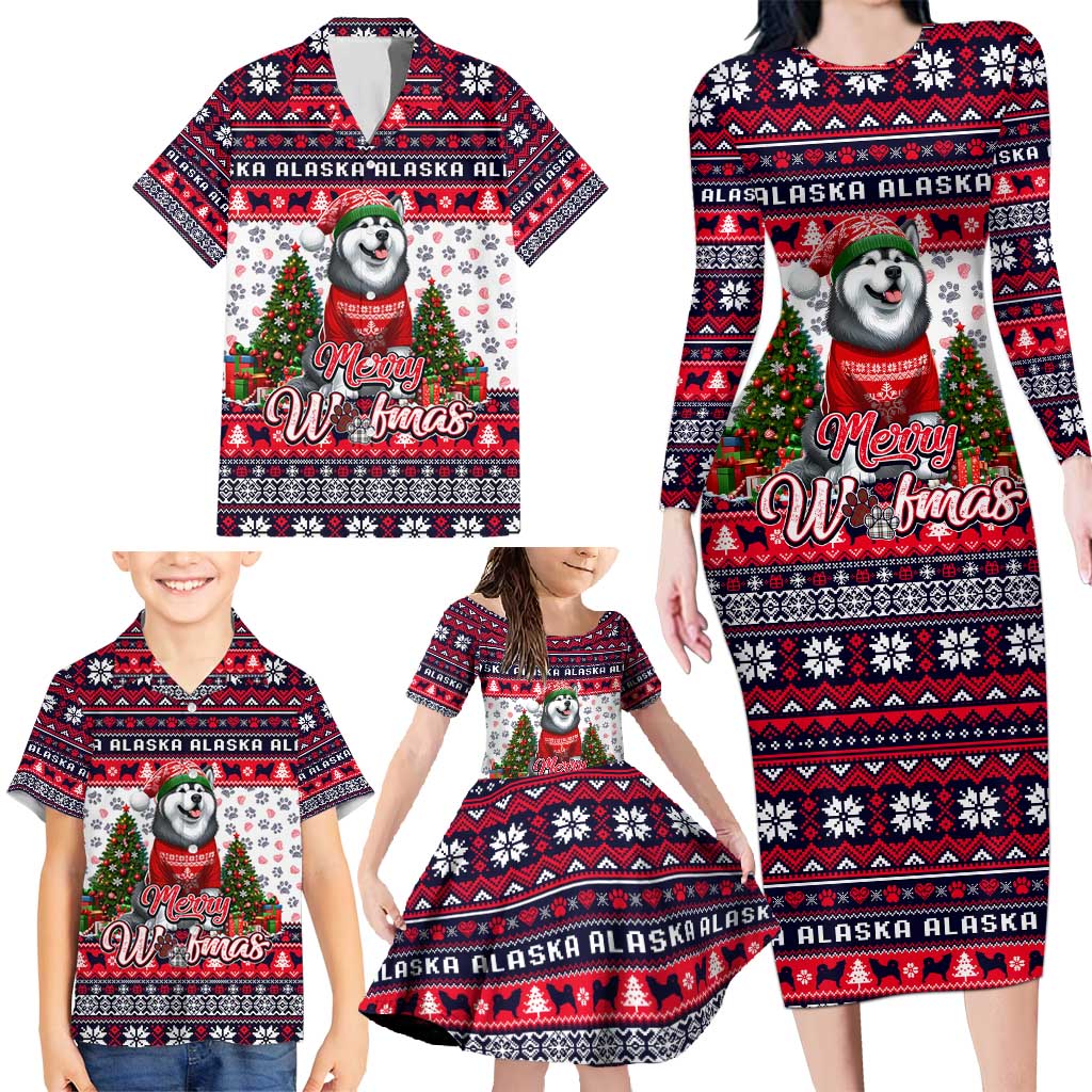 Alaska Merry Woofmas Family Matching Long Sleeve Bodycon Dress and Hawaiian Shirt Christmas Dog Art Style - Wonder Print Shop