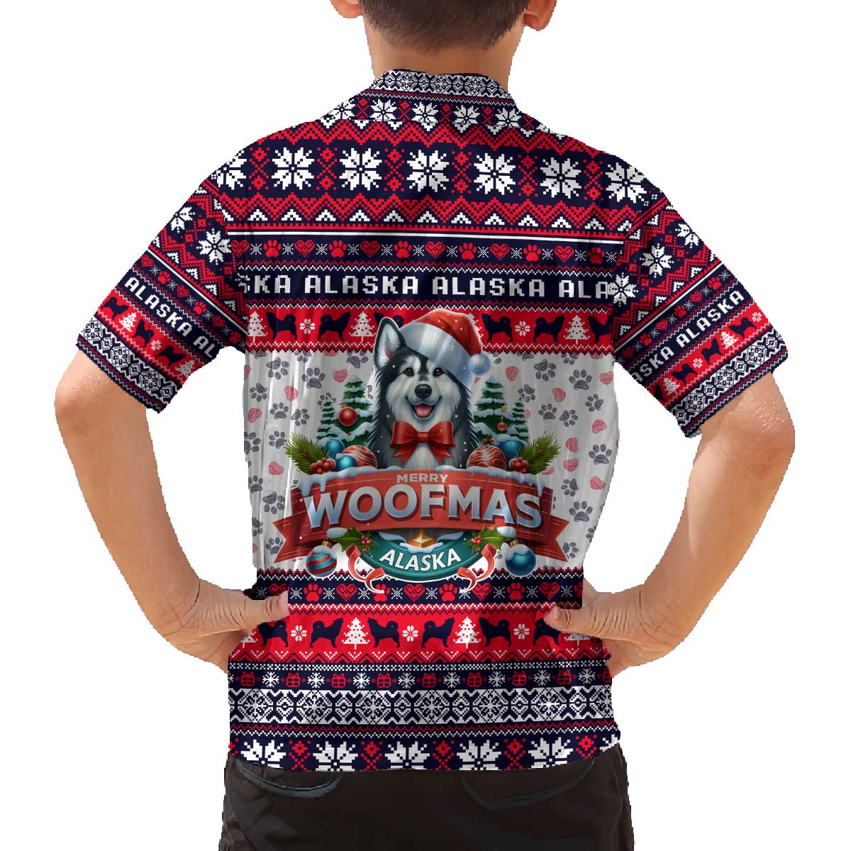 Alaska Merry Woofmas Family Matching Off The Shoulder Long Sleeve Dress and Hawaiian Shirt Christmas Dog Art Style - Wonder Print Shop