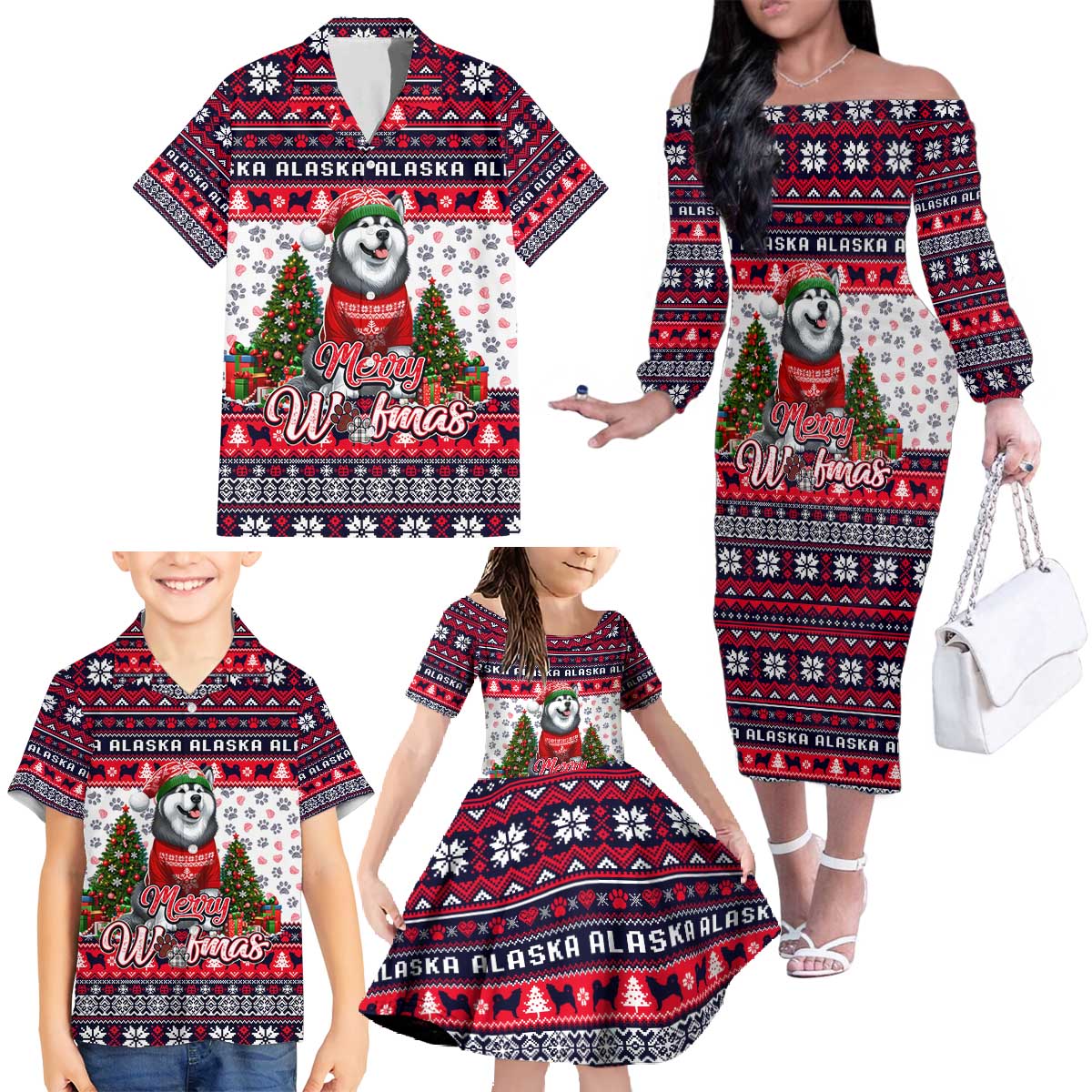 Alaska Merry Woofmas Family Matching Off The Shoulder Long Sleeve Dress and Hawaiian Shirt Christmas Dog Art Style - Wonder Print Shop
