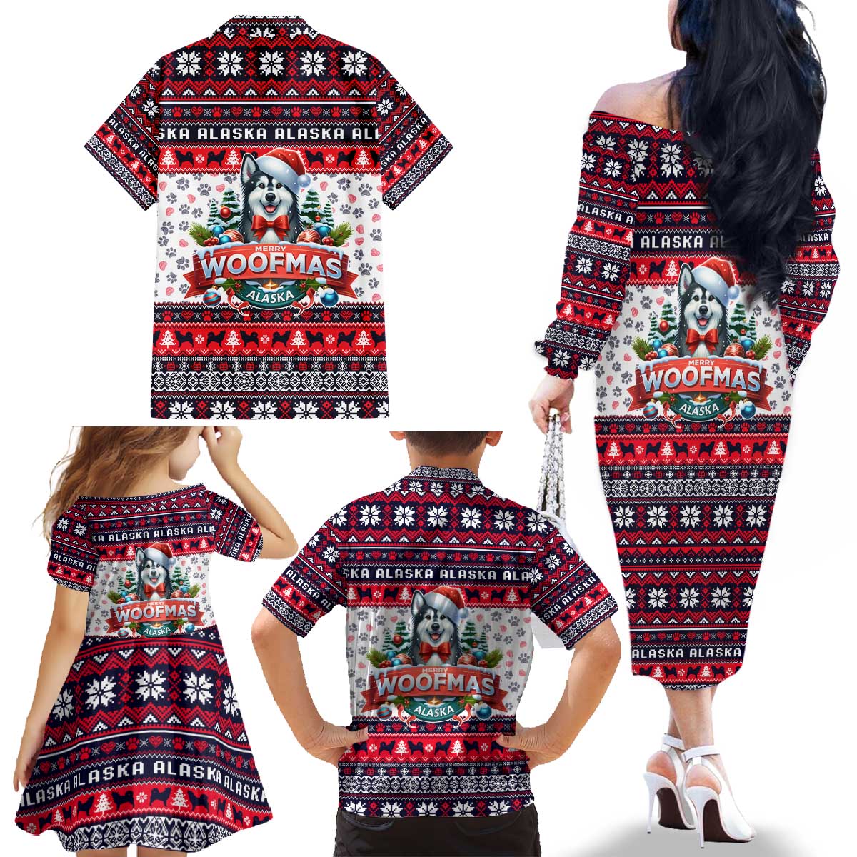 Alaska Merry Woofmas Family Matching Off The Shoulder Long Sleeve Dress and Hawaiian Shirt Christmas Dog Art Style - Wonder Print Shop