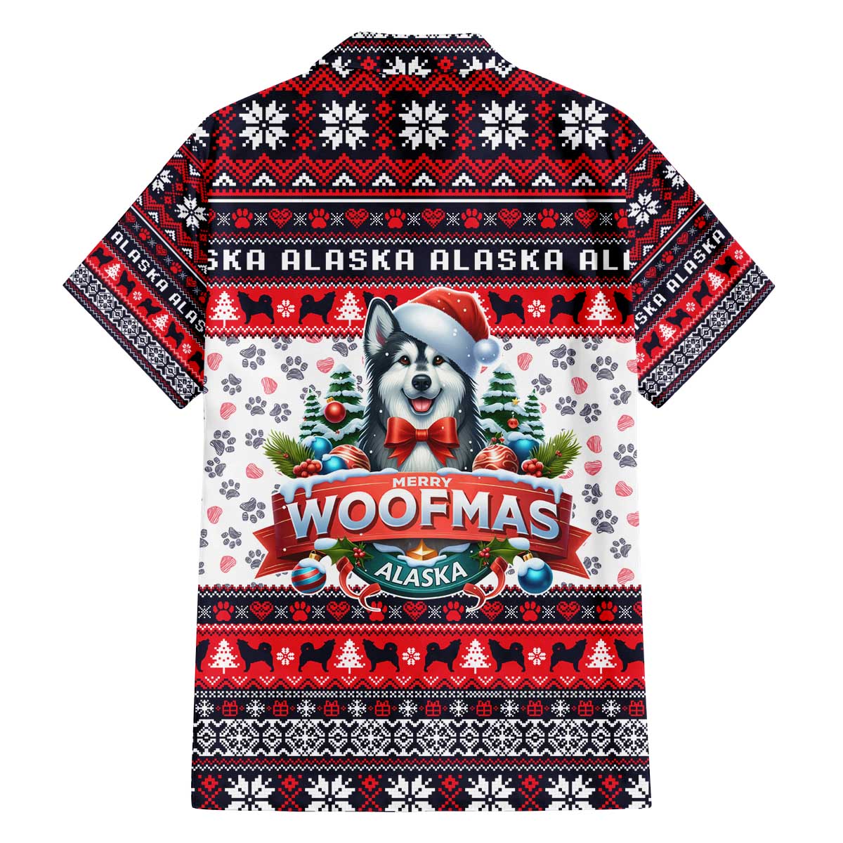 Alaska Merry Woofmas Family Matching Off The Shoulder Long Sleeve Dress and Hawaiian Shirt Christmas Dog Art Style - Wonder Print Shop