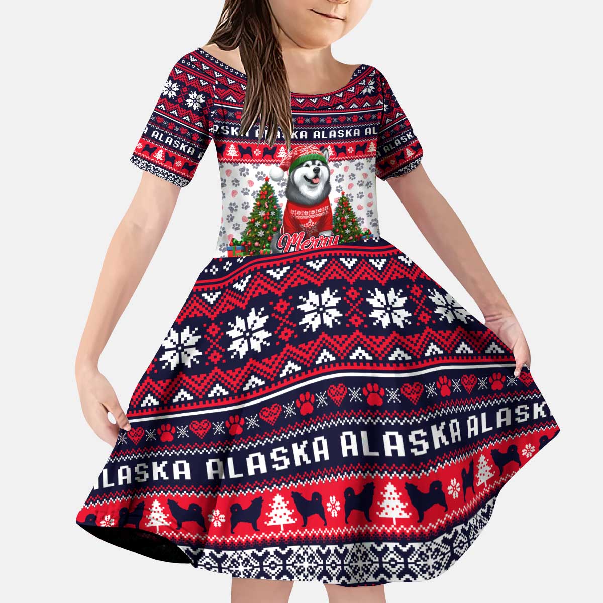 Alaska Merry Woofmas Kid Short Sleeve Dress Christmas Dog Art Style - Wonder Print Shop