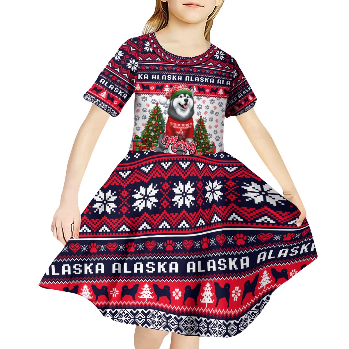 Alaska Merry Woofmas Kid Short Sleeve Dress Christmas Dog Art Style - Wonder Print Shop