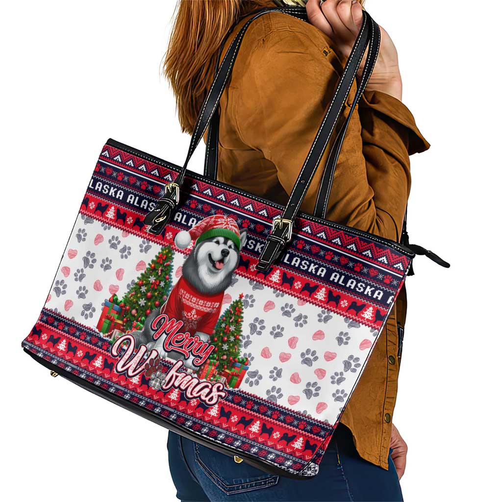 Alaska Merry Woofmas Leather Tote Bag Christmas Dog Art Style - Wonder Print Shop
