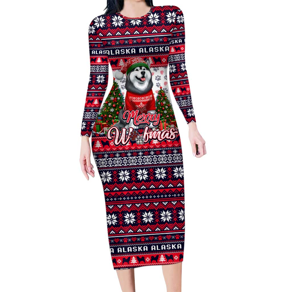 Alaska Merry Woofmas Long Sleeve Bodycon Dress Christmas Dog Art Style - Wonder Print Shop