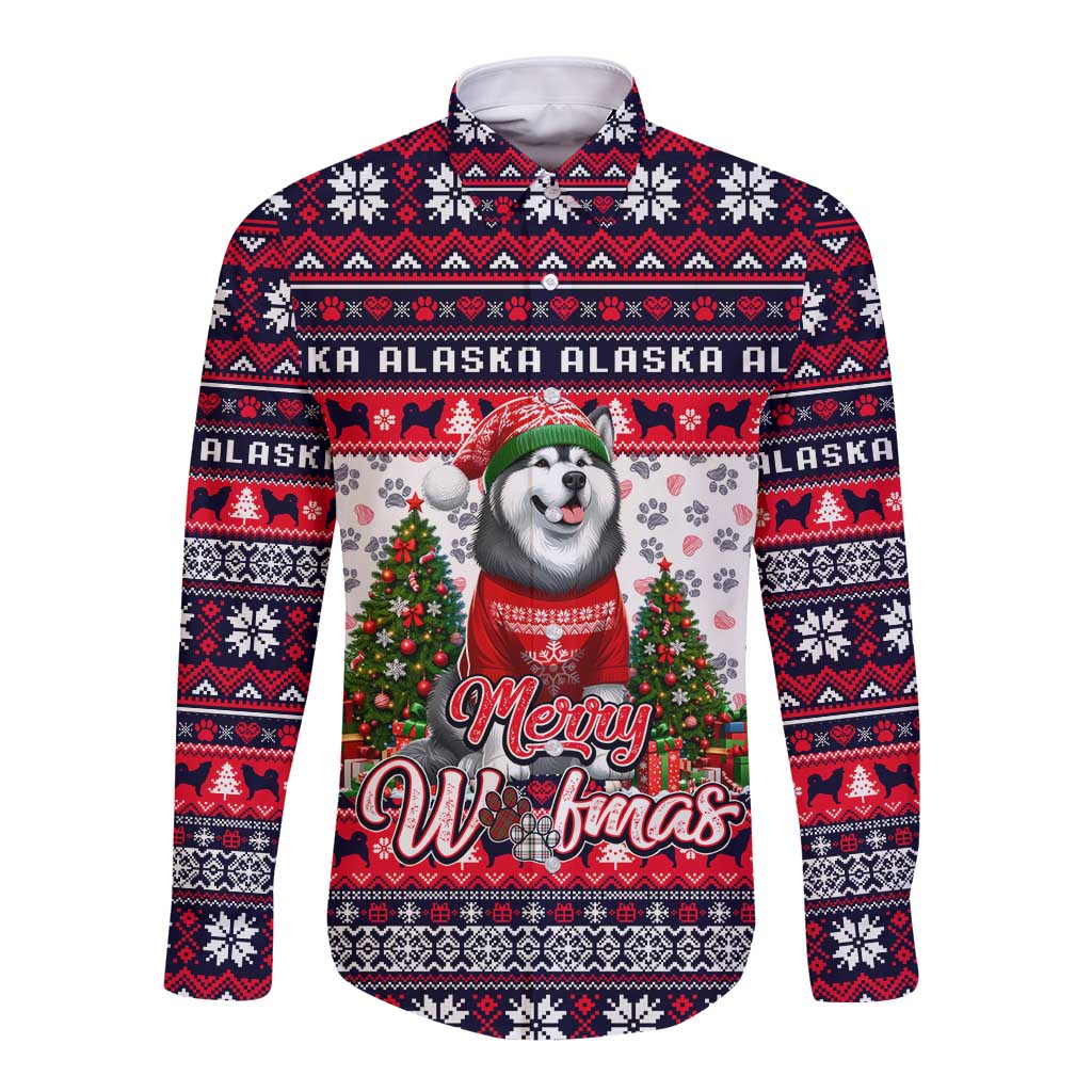 Alaska Merry Woofmas Long Sleeve Button Shirt Christmas Dog Art Style - Wonder Print Shop