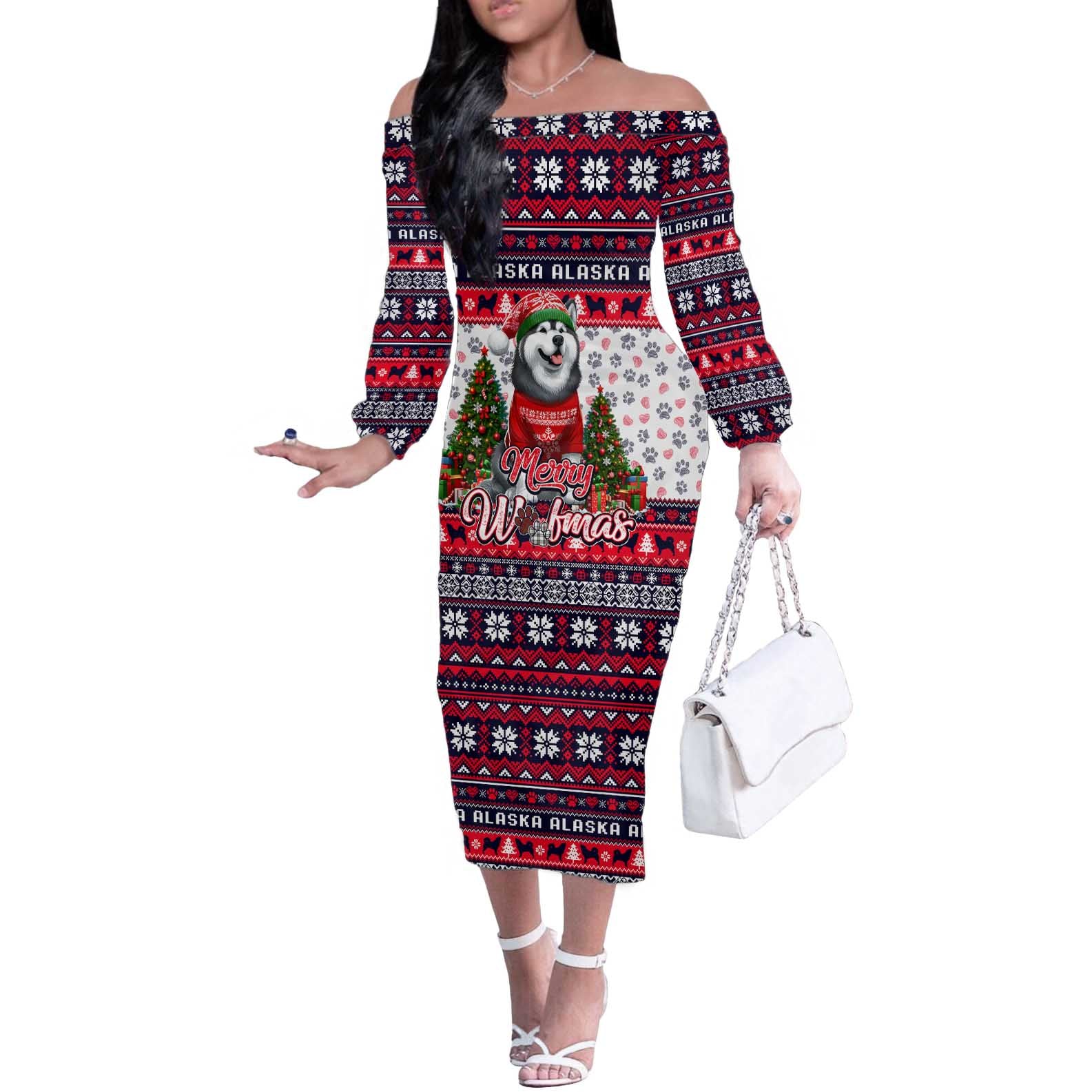 Alaska Merry Woofmas Off The Shoulder Long Sleeve Dress Christmas Dog Art Style - Wonder Print Shop