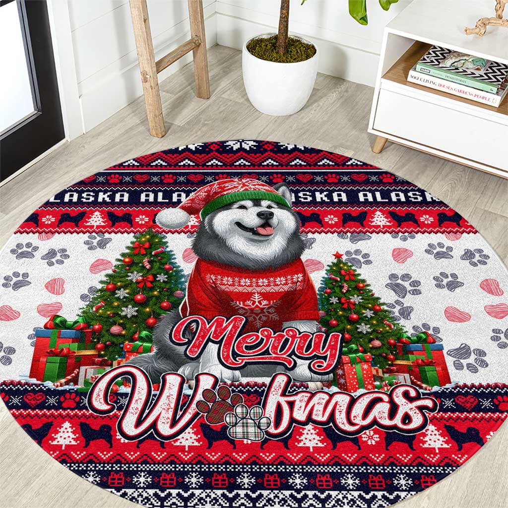 Alaska Merry Woofmas Round Carpet Christmas Dog Art Style