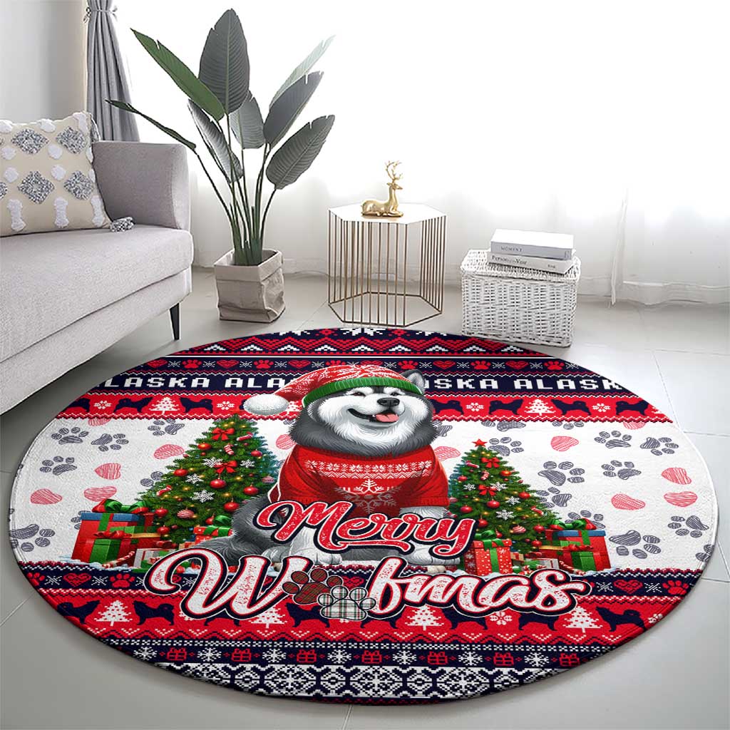 Alaska Merry Woofmas Round Carpet Christmas Dog Art Style