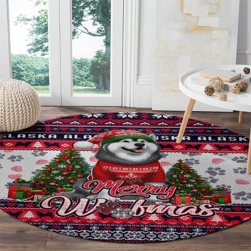 Alaska Merry Woofmas Round Carpet Christmas Dog Art Style