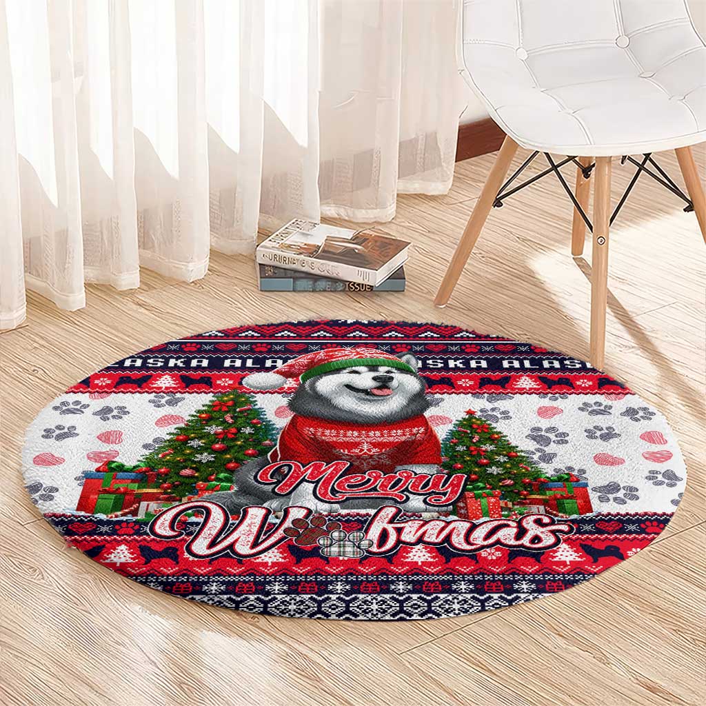 Alaska Merry Woofmas Round Carpet Christmas Dog Art Style