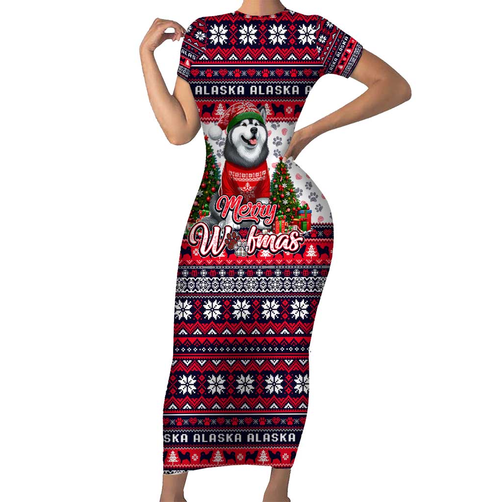 Alaska Merry Woofmas Short Sleeve Bodycon Dress Christmas Dog Art Style - Wonder Print Shop