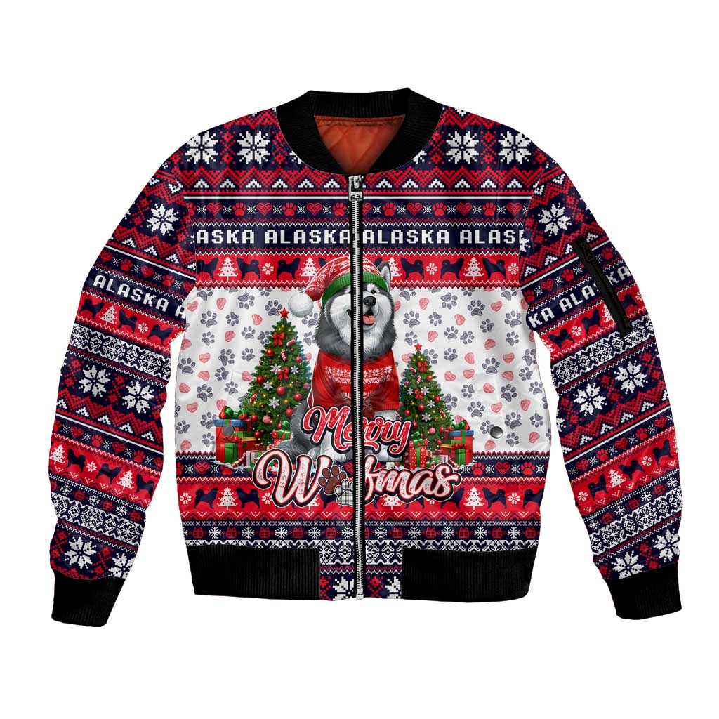 Alaska Merry Woofmas Sleeve Zip Bomber Jacket Christmas Dog Art Style - Wonder Print Shop
