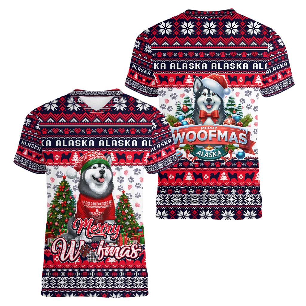 Alaska Merry Woofmas Women V-Neck T-Shirt Christmas Dog Art Style - Wonder Print Shop