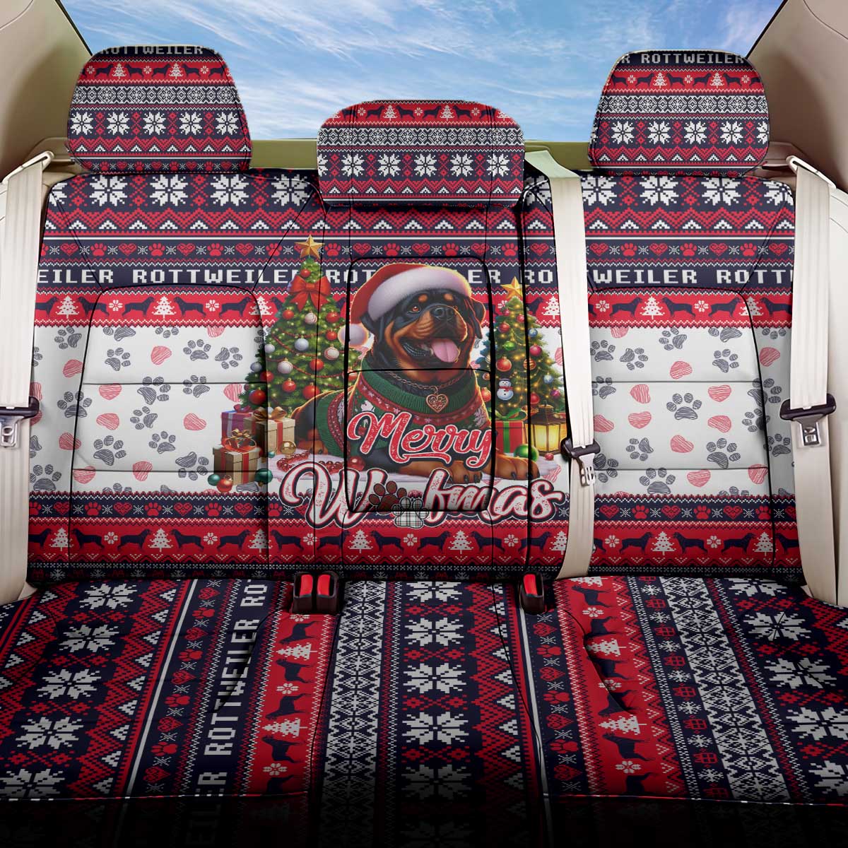 Rottweiler Merry Woofmas Back Car Seat Cover Christmas Dog Art Style - Wonder Print Shop