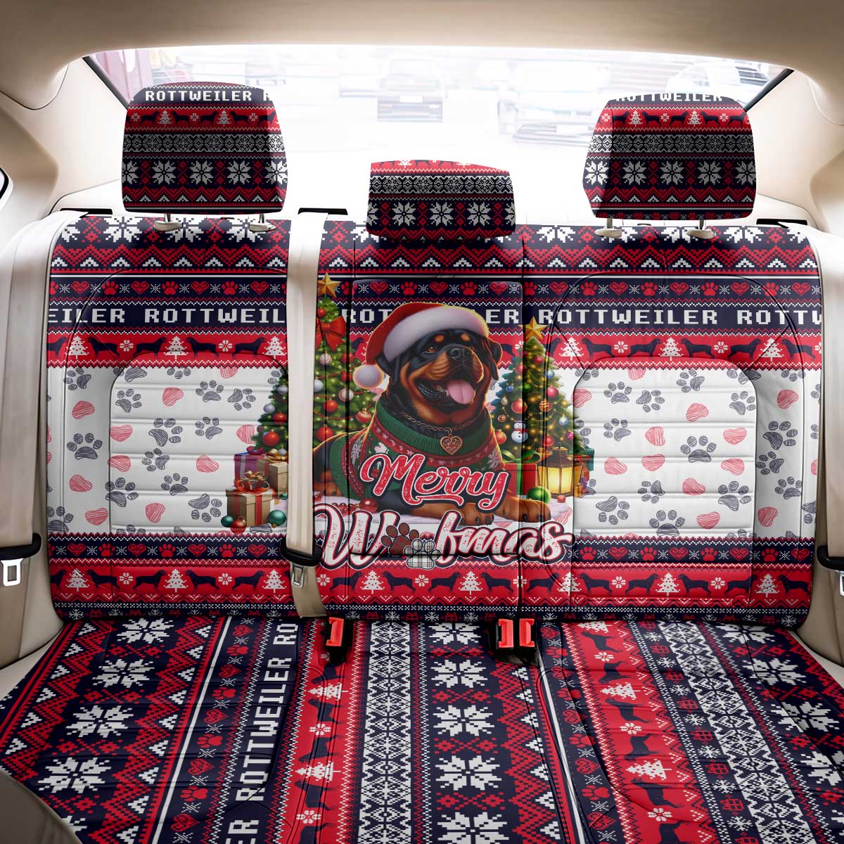 Rottweiler Merry Woofmas Back Car Seat Cover Christmas Dog Art Style - Wonder Print Shop