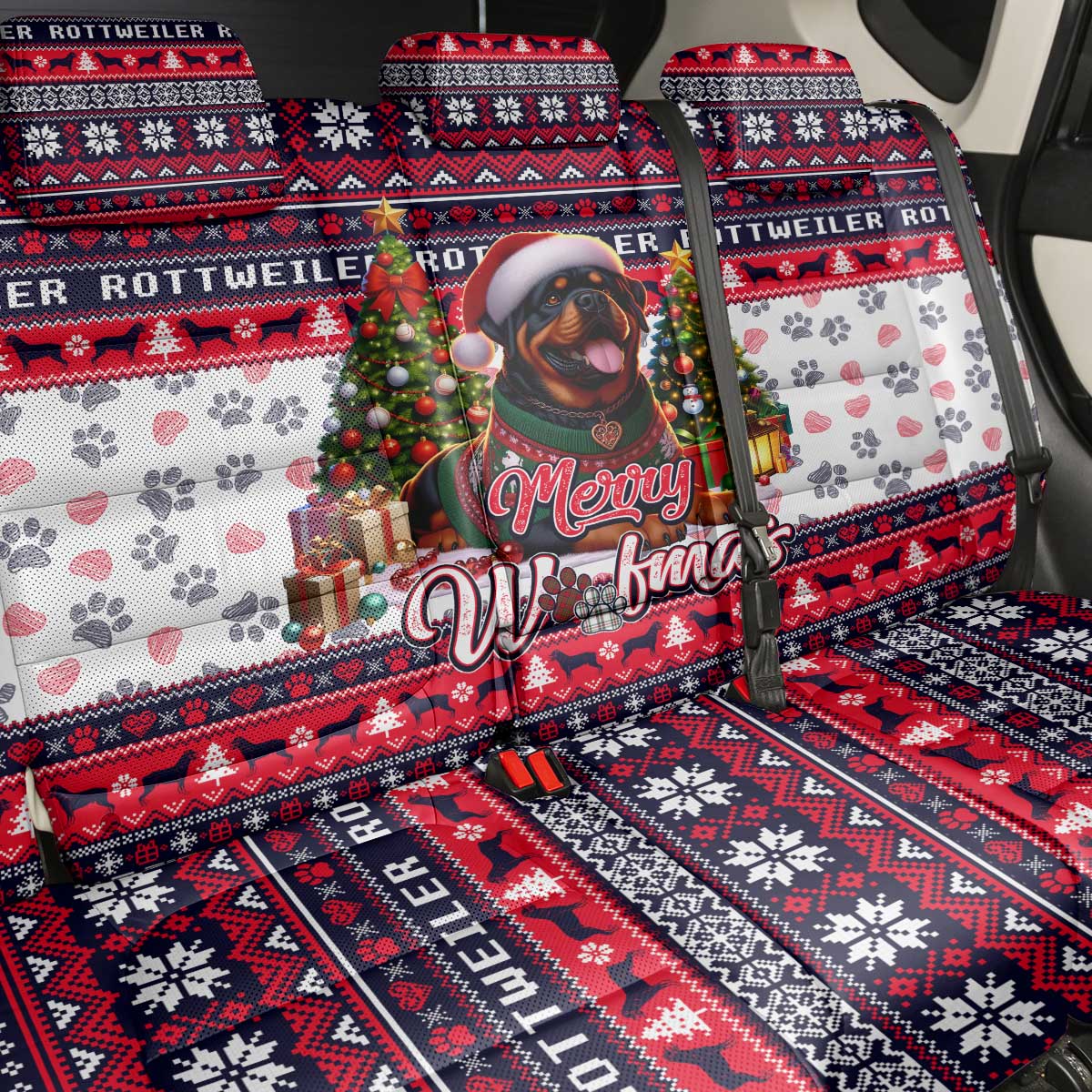 Rottweiler Merry Woofmas Back Car Seat Cover Christmas Dog Art Style - Wonder Print Shop