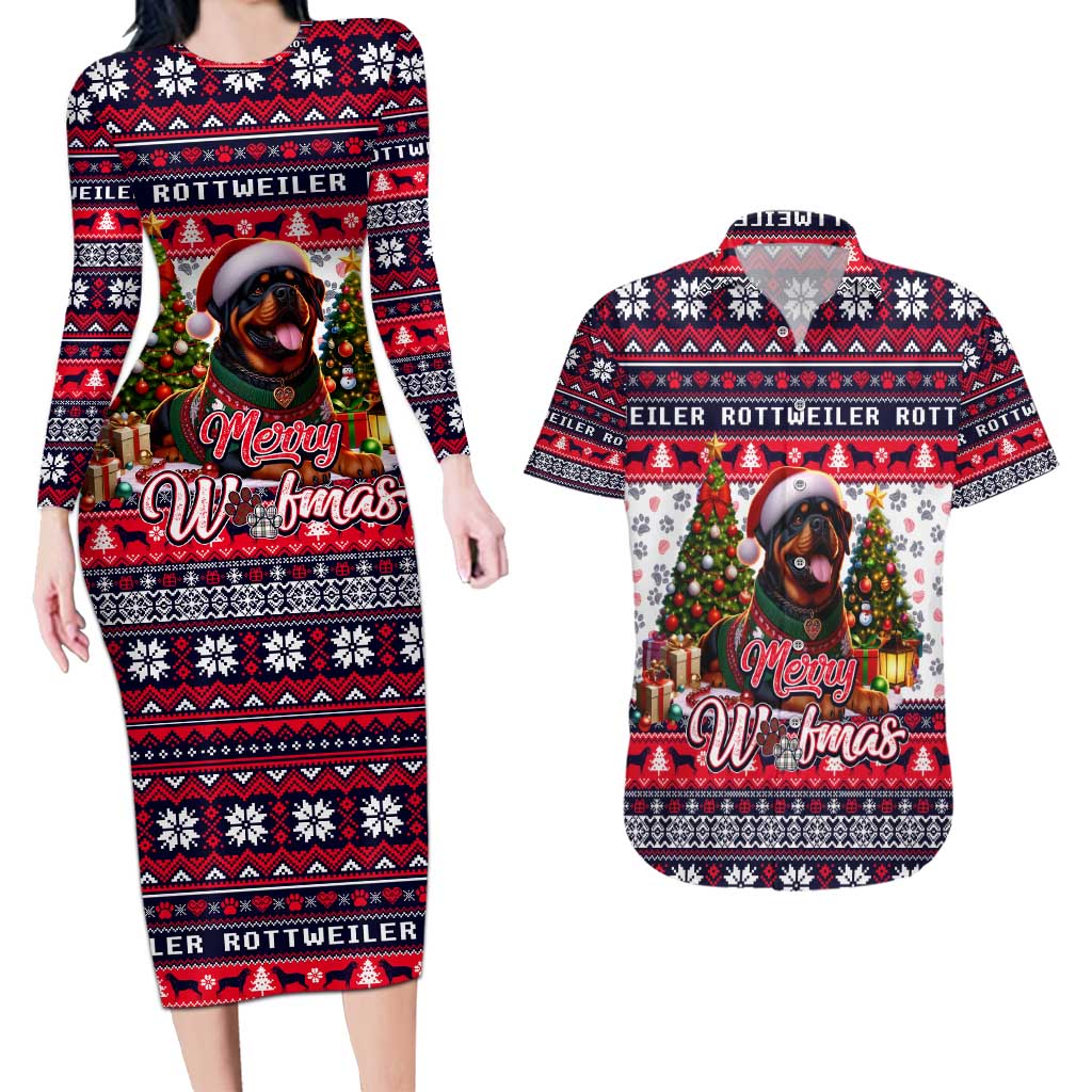 Rottweiler Merry Woofmas Couples Matching Long Sleeve Bodycon Dress and Hawaiian Shirt Christmas Dog Art Style - Wonder Print Shop